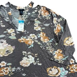 Rue21‎ Floral Print V-Neck Tunic Top 2X Plus Size Gray Beige Casual Blouse New